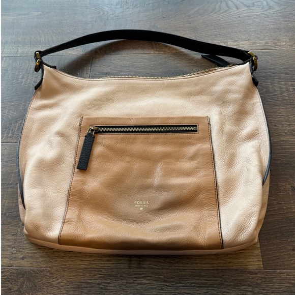 Fossil Tan Leather Hobo Bag Shoulder Bag Large Pocket Black Strap Purse - Picture 1 of 6